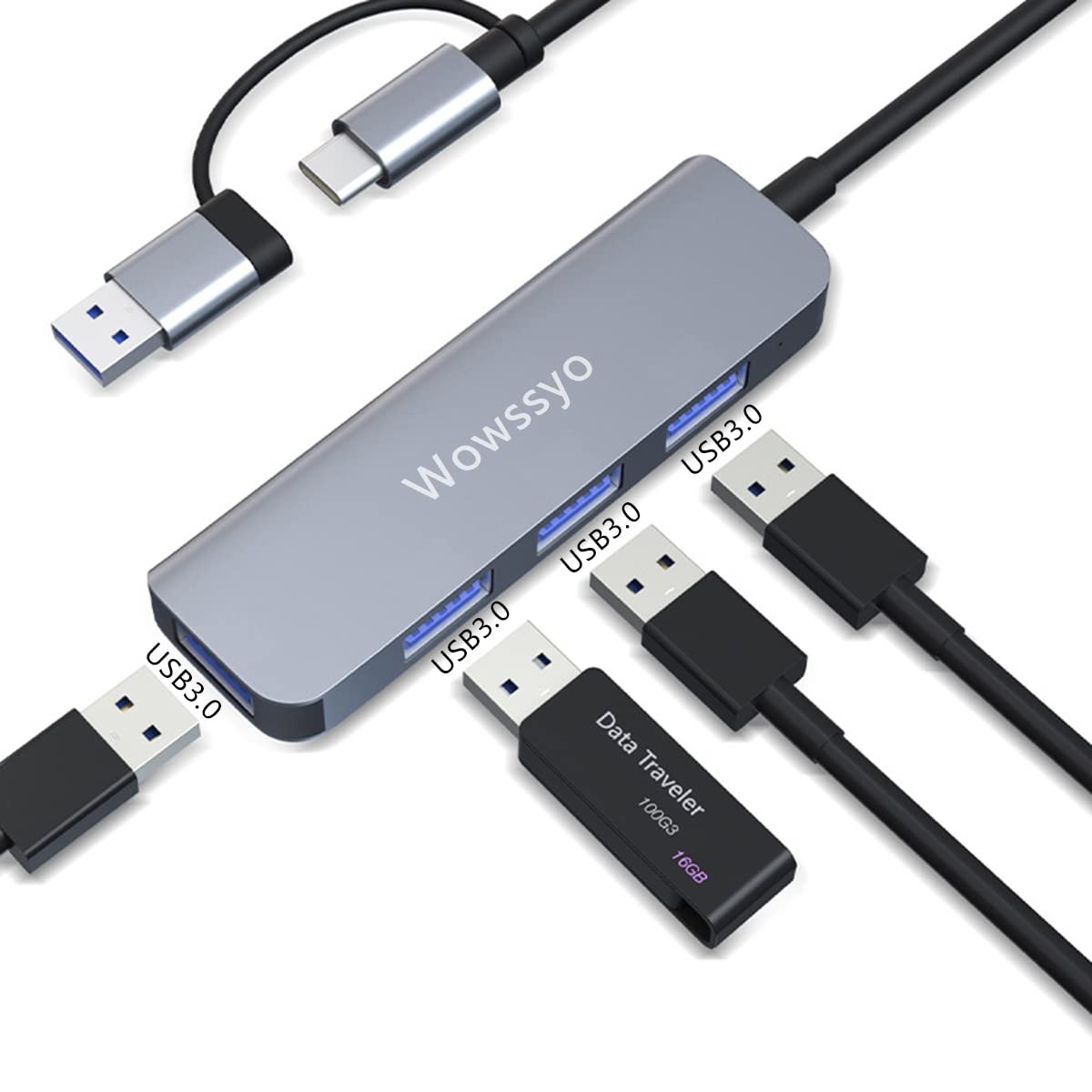 Wowssyo 4-Port USB 3.0 Hub, Ultra Slim Portable USB Daten Hub, USB Splitter für MacBook, Mac Pro, Mac Mini, IMac, Surface Pro, Laptop, PC, Flash Drive, Mobile HDD