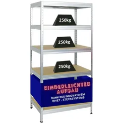 PROREGAL Schwerlastregal Rivet HxBxT 180x90x60cm Fachlast 250kg, Innovatives Stecksystem, Verzinkt, Garagenregal, Lagerregal, Steckregal, Kellerregal