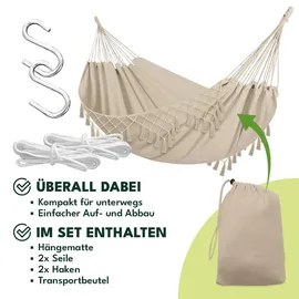 OEM Gartenhängematte Im Brasilianischen Boho-Stil 190x150 cm, Beige, 120 kg Belastbarkeit, Mit Fransen, Aufbewahrungstasche 2 Seilen, Baumwolle-Polyester, Outdoor Indoor