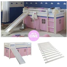 Homestyle4u Hochbett 2552 90 x 200 cm Kiefer massiv weiß rosa