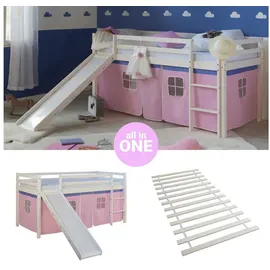 Homestyle4u Hochbett 2552 90 x 200 cm Kiefer massiv weiß rosa