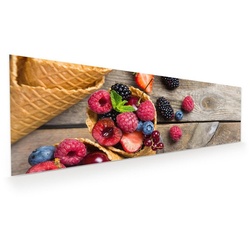 Primedeco Glasbild Wandbild Beeren in Waffeln mit Aufhängung, Früchte rot 120 cm x 40 cm