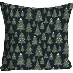 Dekokissen QUEENCE "Jannik", grün (grün, bedruckt), B:40cm L:40cm, Polyester, Dekokissen_Sitzkissen_Kissenhüllen, Kissenhülle,Tannenbäume,Weihnachten,Winter,Festlich,Schnee