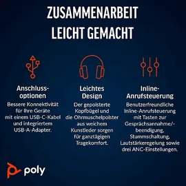 Poly Blackwire 8225 USB-C Stereo-Headset + USB-C/A-Adapter, ANC, MS-Teams