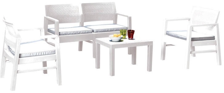 Dmora Outdoor-Lounge-Set Carpi, Gartengarnitur mit 2 Sesseln, 1 Sofa und 1 Couchtisch, Sitzecke in Rattan-Optik mit Kissen, 100 % Made in Italy, Weiß