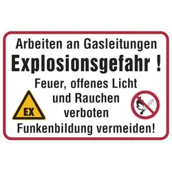 Hinweisschild, Arbeiten an Gasleitungen - 600 x 400 x 0.6 mm Aluminium geprägt