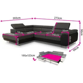 Sofnet Ecksofa Caris mit Schlaffunktion und einstellbare Kopfstützen, Wohnlandschaft mit Bettkasten, Couch, Sofa, (Grau (Kronos 22), Ecksofa rechts, L-Form,Rechteckig, 273x203 cm, Wohnzimmer, Sofas & Couches, Wohnlandschaften, Ecksofas
