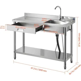 Vevor Spültisch Spülbecken Edelstahl (120 x 50 x 94 cm), Einzelbecken mit Wasserhahn & Schublade, Küchenspüle für Garage Restaurant Wäscherei, Waschtisch Außenspüle mit Arbeitsplatte (links)