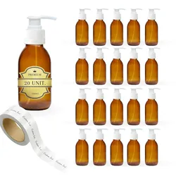 Espírito rebelde 20x Pumpspender aus bernsteinfarbenem Glas à 100 ml mit Dosierpumpe + 20 personalisierte Etiketten – Für ätherische Öle und Kosmetik