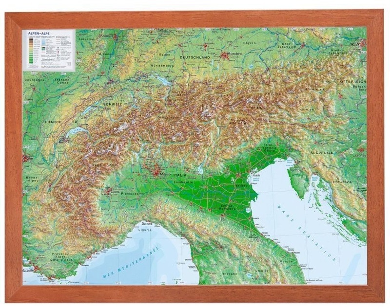 Alpen, Reliefkarte, Mit Holzrahmen - André Markgraf, Mario Engelhardt, Karte (im Sinne von Landkarte)