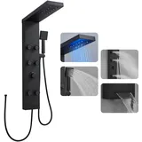 ROVOGO Komplett Schwarze Duschpaneel ohne Armatur, Duschpaneele mit LED, 4 Funktionen - Regendusche, 6 x Massagedüsen, Handbrause und Wasserfall Wanneneinlauf für Bad, Wandmontage Duschsäule Edelstahl