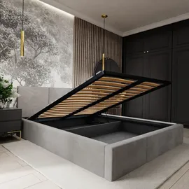 Muralo Polsterbett Stoffbett Bett mit Bettkaste Container Doppelbett für Schlafzimmer - 120 cm x 200 cm - grau