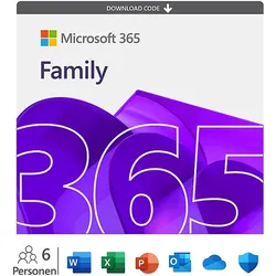 Microsoft 365 Family, 12 Monate für 1-6 Nutzer (je 5 Geräte), 6 TB Cloudspeicher, Download Code - [Multiplattform]