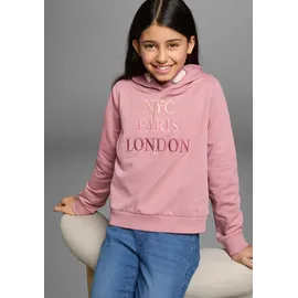 Kidsworld Kapuzensweatshirt KIDSWORLD "NYC Paris London - Stickerei", Mädchen, Gr. 176/182, rosa (altrosa), Sweatware, Obermaterial: 100% Baumwolle, bestickt, gerade taillenbedeckt, Bündchen, Sweatshirts, Langarm, gerade Passform, bedruckt, Kapuze, aus Baumwolle