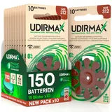 150 Batterien für Hörgeräte Größe 312 Udirmax PR41 Braun Zink-Luft mit Dynamic Sonar Technologie Öko-Pack - 15 umweltfreundliche Blisterpackungen mit 10 Hörgerätebatterien