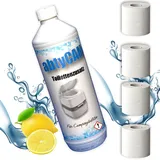 abtyCam - Sanitärflüssigkeit für Campingtoilette Toilettenzusatz Chemie Flüssigkeit Sanitärzusatz Chemietoilette inkl. 4 Rollen Camping Toilettenpapier (1 Liter Flasche + 4 Rollen Toilettenpapier)