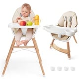 COSTWAY 2 in 1 Babyhochstuhl, Hochstuhl aus Buchenholz mit 5-Punkt-Sicherheitsgurt, abnehmbarem Doppeltablett & Sitzkissen, Babystuhl Kinderhochstuhl für 6-36 Monaten Baby, 15 kg Belastbar (Beige)