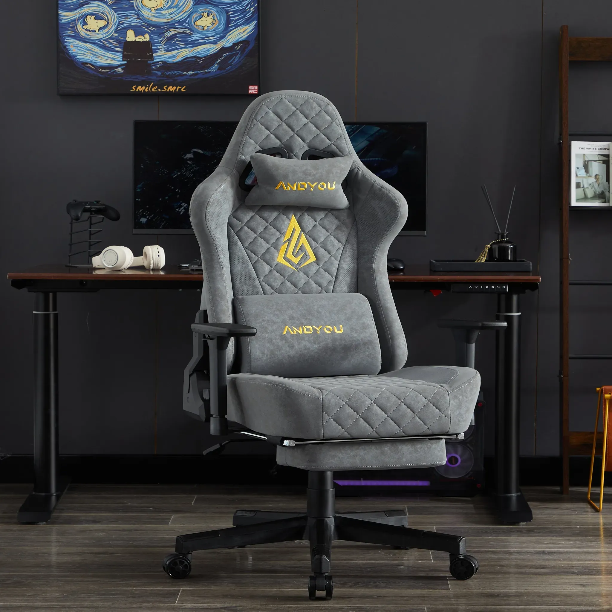 ANDYOU Vintage PU Leather Ergonomic Gaming Chair.Grey