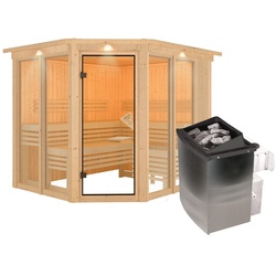 Karibu Sauna Ainur 3 Superior mit Eckeinstieg 68 mm Inkl. Dachkranz 9 kW Ofen integr. Steuerung