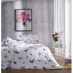 Bettwäsche APELT "Lucky", weiß, B/L: 135cm x 200cm, , Satin (Bio-Baumwolle), B/L: 80cm x 80cm, Satin (Bio-Baumwolle), Obermaterial: 100% Baumwolle, Bettwäsche, Farbig tanzende Schmetterlinge, modische Statement im Schlafbereich