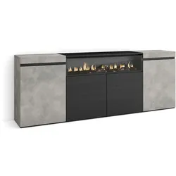 SKRAUT HOME Sideboard, Schrank, Küche, Schrank, Flurmöbel, 200x35x75cm, 4 Türen, Elektrischer Kamin, Moderner Stil, Zementgrau - 60_11