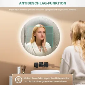 pesenxan Runder Spiegel mit Beleuchtung 60cm 3 Lichtfarben Silber