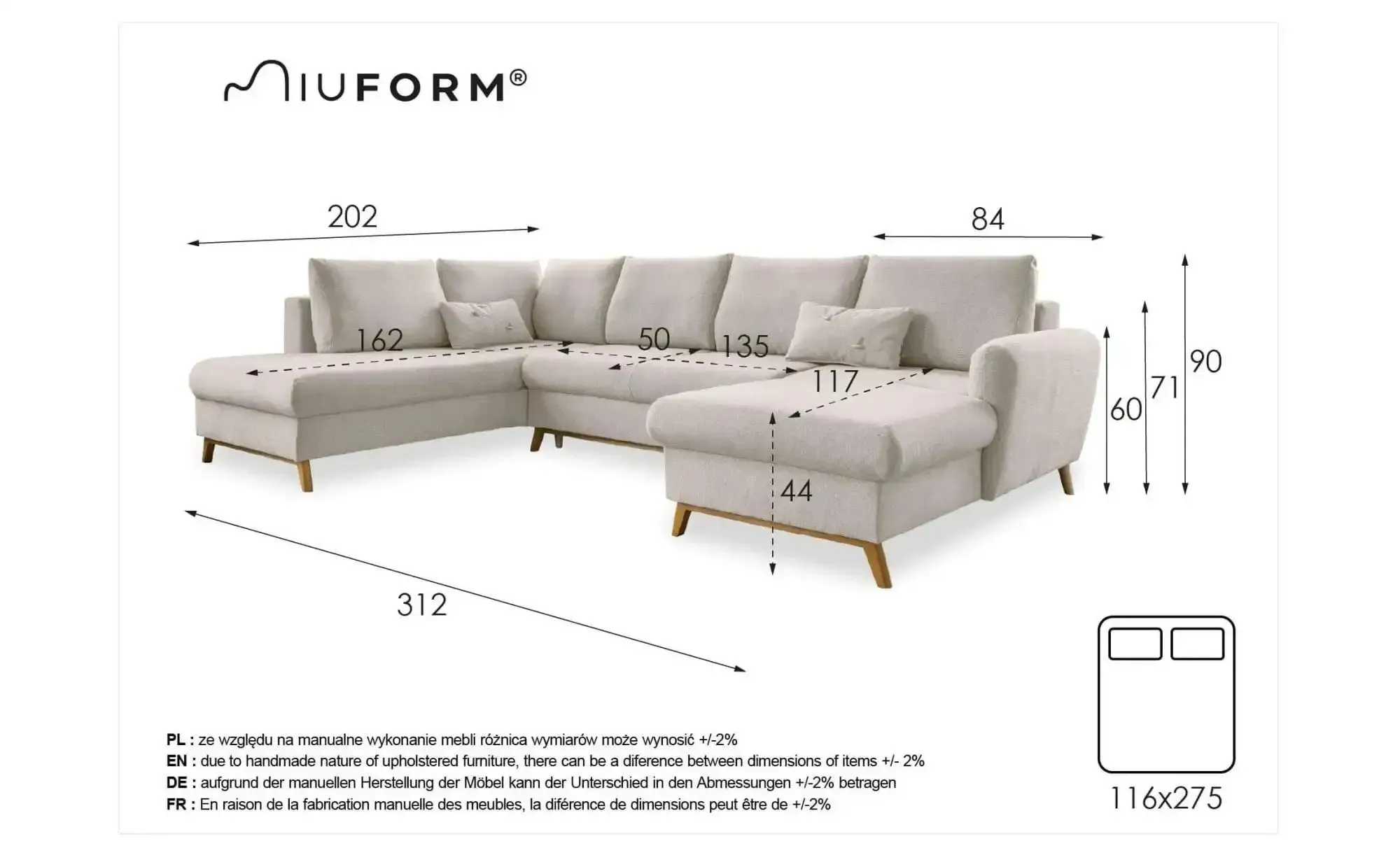 Miuform Wohnlandschaft mit Schlaffunktion Scandic Lagom ¦ grau ¦ Maße (cm): B: 312 H: 90