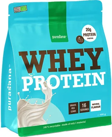 Purasana Organic Whey Protein 80% Pulver Bio Natürlicher Geschmack Dose 400g