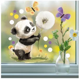Sunnywall Fensterdekoration wiederverwendbares Fensterbild niedlicher Panda mit Pusteblume, wiederverwendbar, statisch haftend, beidseitiger Druck schwarz