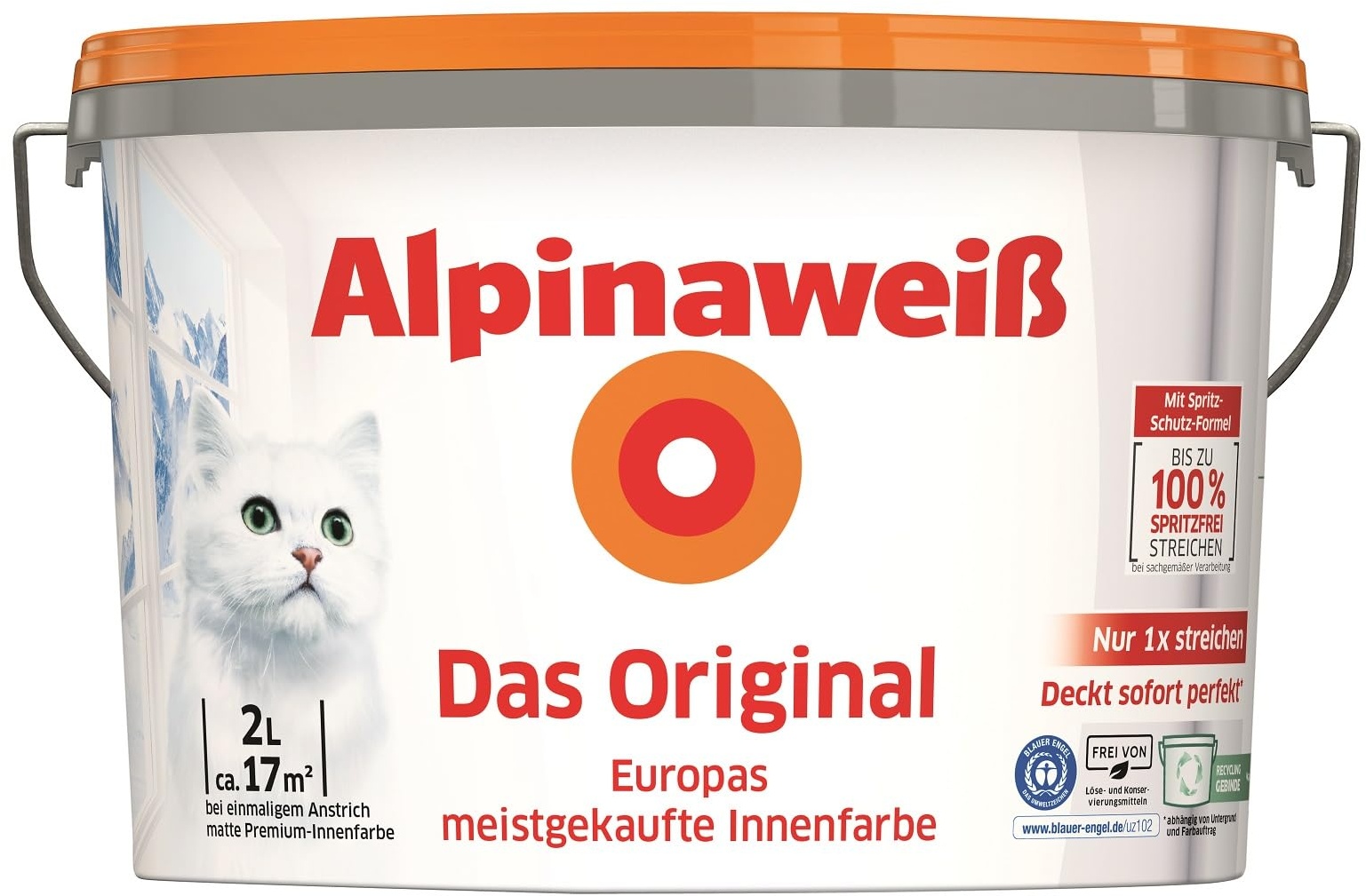 Alpinaweiß Das Original – optimal deckende und ergiebige weiße Wandfarbe – mit Spritz-Schutz-Formel – 2 Liter