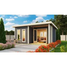 Karibu Saunahaus Mainburg 5 mit Vorraum - 38 mm naturbelassen Set B (Sauna B 2,25 x T 1,9 m mit 3 Liegen 57/52 cm) 9 kW Ofen inkl. Huum Wlan Steuergerät mit App-Funktion