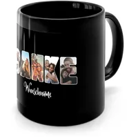 PhotoFancy® - Fototasse 'DANKE' - Personalisierte Tasse mit eigenem Foto und Text selbst gestalten - Schwarz glänzend