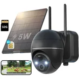 4G LTE Überwachungskamera Aussen Akku mit SIM Karte 2K Kabellos Solar PTZ IP Kamera Outdoor Ohne WLAN Farb-Nachtsicht PIR Erkennung mit 32G - Schwarz
