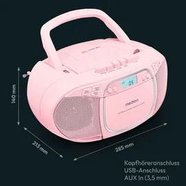 Medion E66476 Stereo Sound System (Boombox, CD-Player, MP3, Kassette, tragbarer Kassettenspieler für Kinder, UKW Radio, AUX, Kopfhörer, Netz & Batterie) Pink