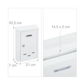 Relaxdays Briefkasten mit Namensschild aus Metall mit 2 Schlüsseln Postkasten schmal HxBxT: 30 5 x 21 x 7 cm weiß