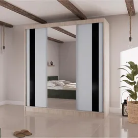 beautysofa Schwebetürenschrank, Sonoma Eiche, Weiß, Schwarz, Holzwerkstoff, 9 Fächer, 4 Schubladen 200x215x61 cm, Schlafzimmer, Kleiderschränke, Schwebetürenschränke