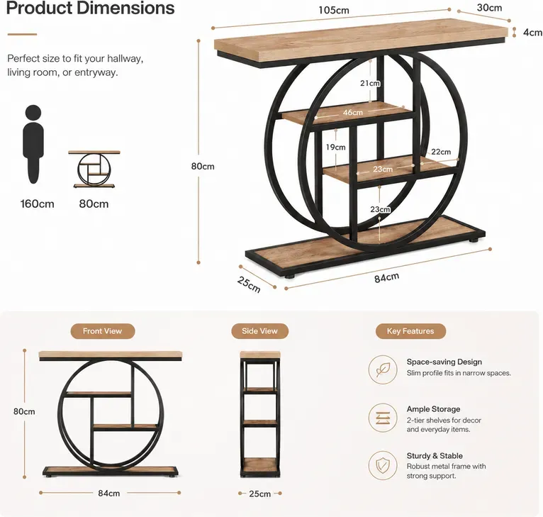 LANTINE Konsolentisch 105 cm, Industrieller Sofatisch mit 4 Ebenen, Schmaler Beistelltisch aus Holz mit Ablagen für Wohnzimmer und Flur, Hellbraun