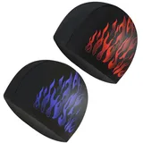 2 Stück Elastische Badekappen für Erwachsene, Komfortable Stoff Bademütze Weiche Unisex Badekappe Ohrenschutz Schwimmhaube Schwimmkappe Leichte Badehaube für Herren Damen Lange Kurzes Haar(Flammen)