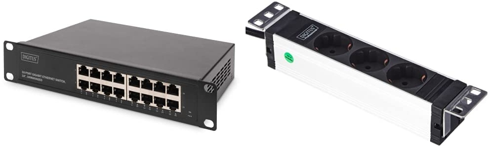 DIGITUS Gigabit Ethernet Netzwerk-Switch - 10 Zoll - 16 Ports - Unmanaged - Backplane 32 Gbps - Auto MDI/MDI-X - Schwarz & Professional DN-95411 Steckdosenleiste 3-fach ohne Schalter schwarz