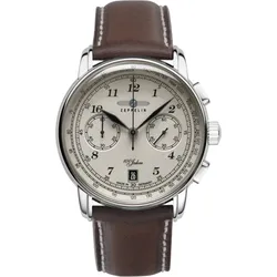 Zeppelin Herrenuhr 100 Jahre Zeppelin 76746 - Beiges Ziffernblatt mit schwarzen Zahlen/Indices,braun,weiße Naht - 42mm