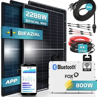 SUNNIVA® 2288W Balkonkraftwerk komplett Steckdose FOX ESS 800W Micro Wechselrichter Bifaziale PV Solaranlage 4x440W Solarmodule, inkl.5m Kabel, Y-Verteiler, Bluetooth, WIFI