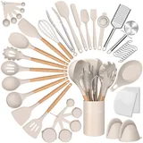 Silikon-Kochutensilien-Set, 34-teilig, antihaftbeschichtet, hitzebeständig, Küchenutensilien, Pfannenwender-Set mit Holzgriff zum Backen, Kochen und Mischen, beste Küchenhelfer mit Halterung (Khaki)