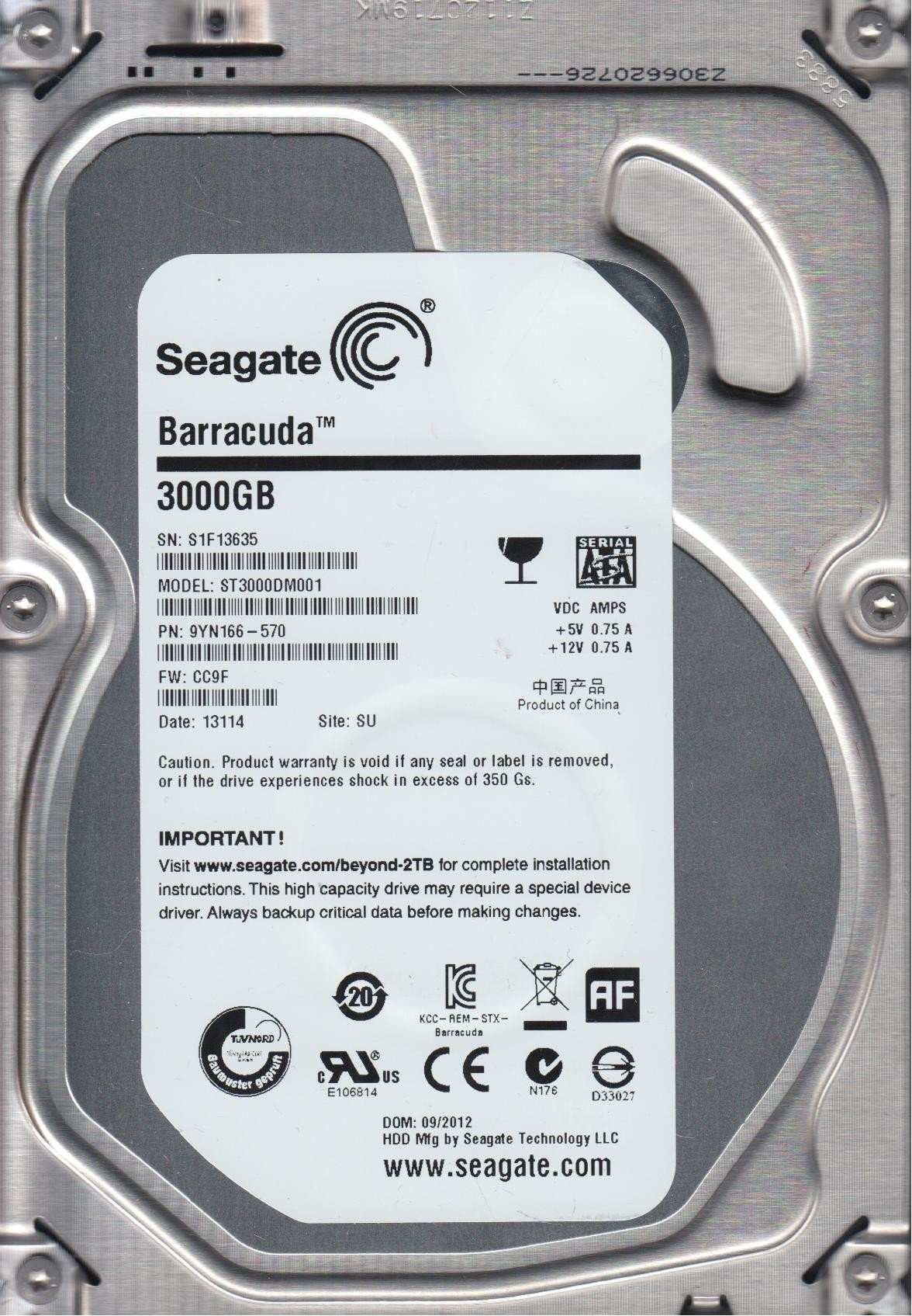 Seagate Desktop ST3000DM001 3TB Interne Festplatte (8,9 cm (3,5 Zoll), 7200rpm, 64MB Cache, SATA III)