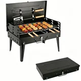 Holzkohlegrill BBQ Grill mit Deckel und Schornstein, Tragbarer Outdoor Campinggrill Smoker mit Doppelter Luftzufuhr, 2 Kohleschalen und Holzgriff für Garten, Terrasse und Picknick