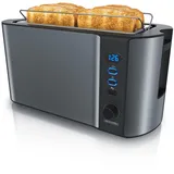 Arendo - Edelstahl Toaster Langschlitz 4 Scheiben, Defrost, wärmeisolierendes Gehäuse, mit integriertem Brötchenaufsatz, 1500W, Krümelschublade, Display, Cool Grey