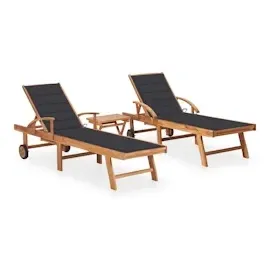 vidaXL Sonnenliegen 2 Stk. mit Tisch und Auflagen Massivholz Teak