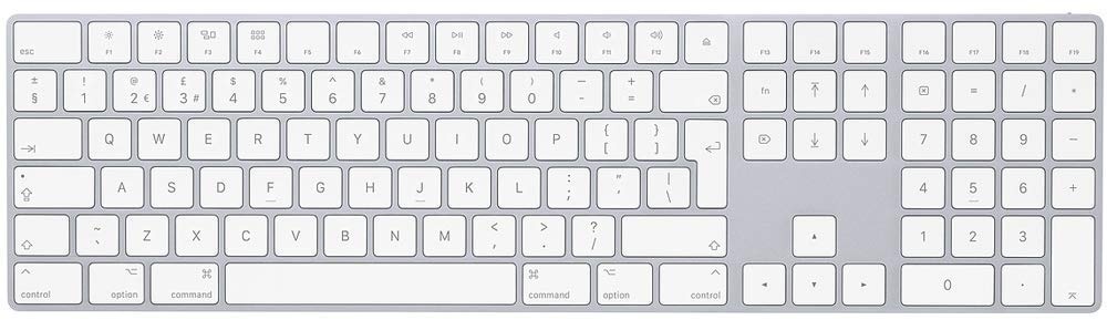 Apple Magic Keyboard mit Ziffernblock: Bluetooth, wiederaufladbar. Kompatibel mit Mac, iPad oder iPhone; Englisch (International), Silber