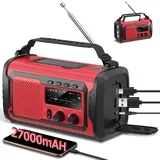 Kurbelradio 27000mAh Notfallradio mit Solar & Handkurbel, AM/FM Emergency Radio mit SOS Alarm, Bluetooth Lautsprecher & Powerbank, Taschenlampe für Camping,Outdoor(Rot 27000mAh)