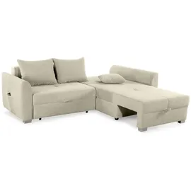 luma-home schönes für dein zuhause Ecksofa mit Schlaffunktion und Bettkasten 236/160/81 cm, Ottomane beidseitig montierbar, Cord Grau / 15201 - Beige