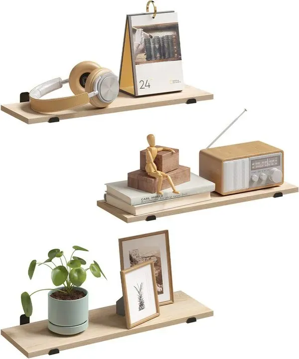 EUGAD Set mit 3 Wandregalen, freischwebend, dekorativ, Retro-Optik, max. Belastbarkeit 15 kg je Regal, 60 x 20 x 7 cm, MDF und Eisen, Schwarz + Hellholz-Optik